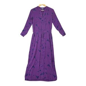 Vince Women maxi Dress 100% Silk Long Sleeve Printed Sz S Purple Roll Tab Split